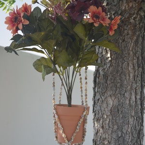 May include: A terracotta pot with a variety of flowers hanging from a tree branch. The pot is suspended by a macrame-style hanger made of seashells.