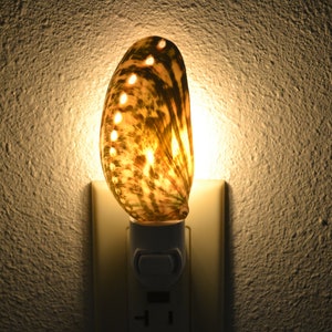 May include: A decorative night light with a warm glow. The light features a brown and gold shell-shaped shade with a patterned design. It is plugged into a white electrical outlet on a textured wall.