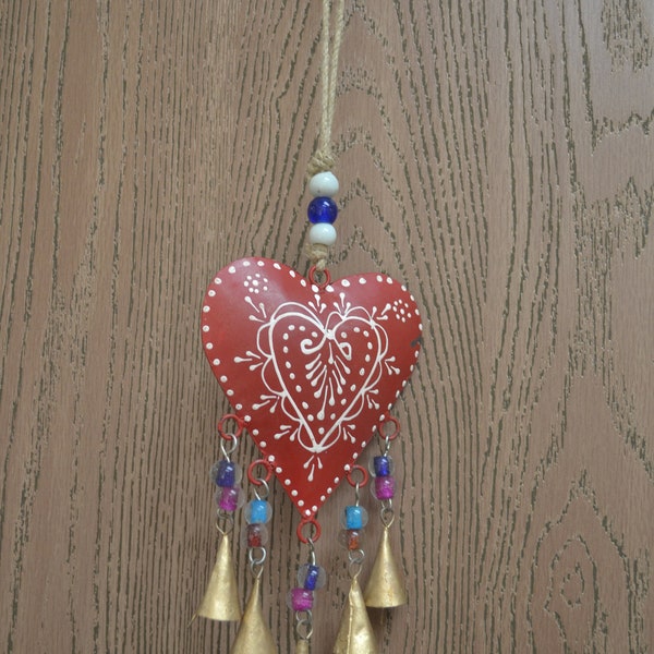red HEART rusty IRON metal BELLS wind chime handcrafted yard art
