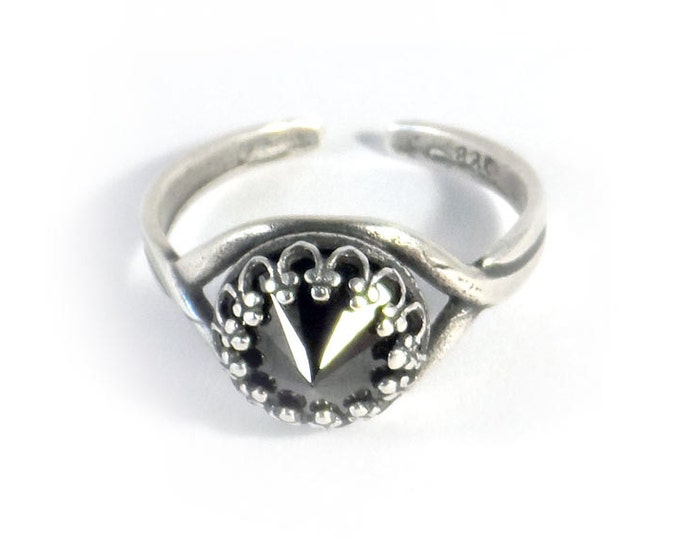 Black Cubic Zirconia Adjustable Antique Silver Ring