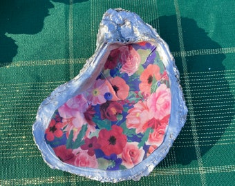 Silver Pink Blue Floral Oyster Shell Jewelry Ring Holder TRINKET dish Cottage Garden Flowers Laura Ashley