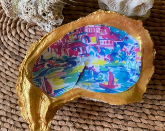 Tropical Italian Riviera Ring  Dish Holder Jewelry Trinkets Gold Pink Blue Oyster Shell mother's day gift