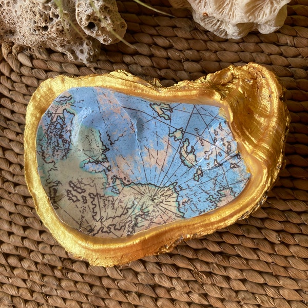 Carte du monde Oyster Ring Holder Plat Rose Bleu Or Voyageur Coquille Bijoux Bibelot