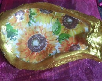 Sunflower Upcycled Oyster Shell Ring Trinket Dish Jewelry