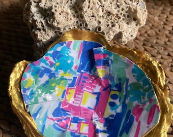 Decoupage Oyster Ring Holder Dish Pink Blue Gold Tropical Floral Shell Jewelry Trinket Caribbean Cruise Mother's Day Gift
