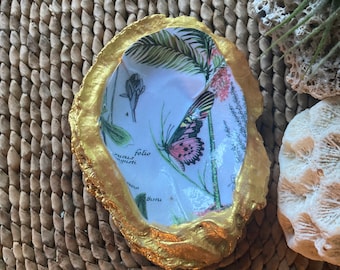 Butterfly Botanicals Oyster Ring or key Holder Dish with Gold Shell Jewelry Trinket plants Fern mothers day Gift with Bag. Plants