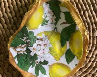 Lemon Oyster Ring Holder Dish Gold Shell Jewelry Trinket Italian Kitchen Bath Yellow Green Fruit Unique Mother’s Day Gift