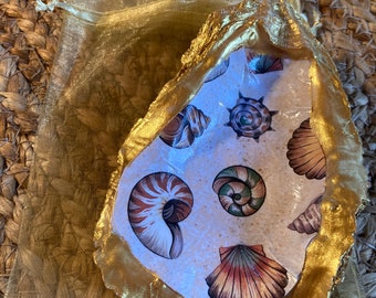 Seashell Jewelry Holder Dish For Trinkets Rings Gold Oyster Shell Unique Gift  ocean shells marine life nature beach sand Mother's Day