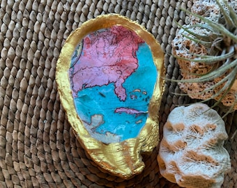 Handmade Gold Oyster Shell Ring Dish: Map Trinket Holder