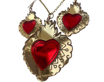 Sacred heart mirrored acrylic laser cut earrings and necklace in gold and silver, hoops, valentines