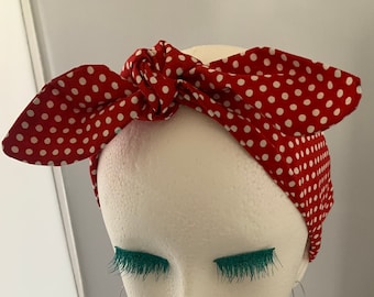 Red polka dot bow style tie up headband, pin up, hair accessory , hair bow