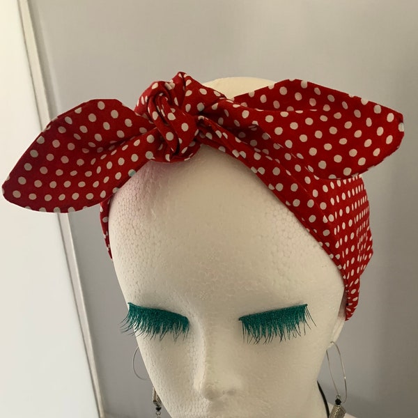 Red polka dot bow style tie up headband, pin up, hair accessory , hair bow