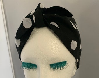 Black polka dot tie up headband reversible pin up style