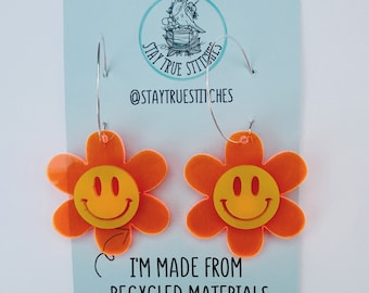 Flower smiley neon orange acrylic laser cut hoop / ear wire earrings y2k