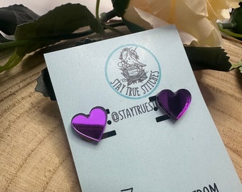 Valentines purple heart stud earrings laser cut from recycled mirrored acrylic.