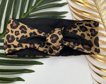 Leopard print tie up headband / headscarf reversible pin up style