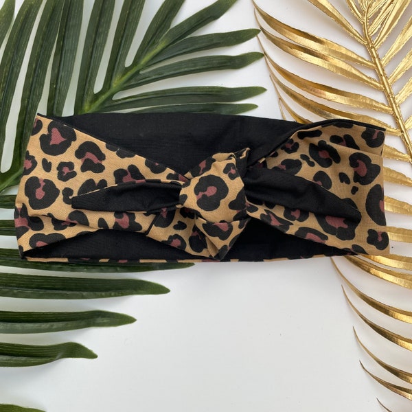Leopard print tie up headband / headscarf reversible pin up style
