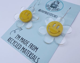 Flower smiley clear acrylic laser cut hoop / ear wire earrings Y2K