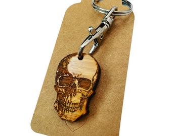 Skull bamboo keyring, laser cut, laser engraved, customisable, recycled, skeleton, Halloween