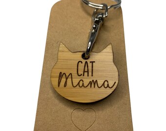 Cat Mama bamboo keyring, laser cut, laser engraved, customisable, Cat Mother, Cat Lover, wooden