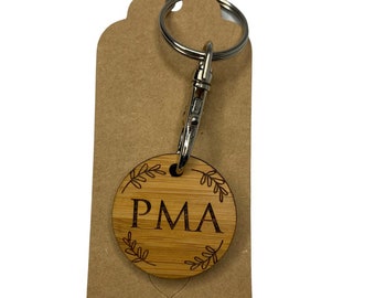 PMA Positive Mental Attitude bamboo keyring, laser cut, laser engraved, customisable, recycled