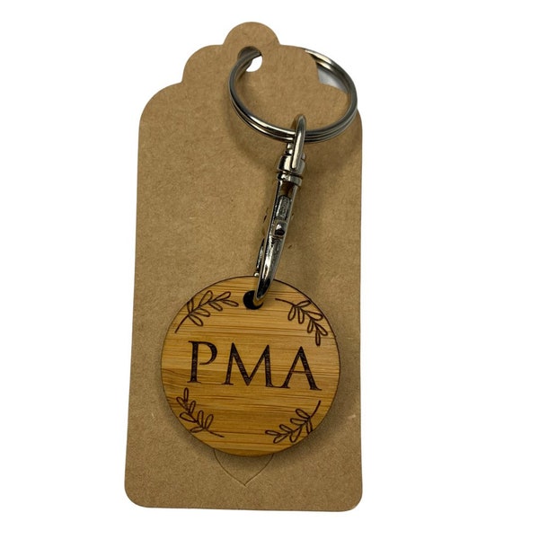 PMA Positive Mental Attitude bamboo keyring, laser cut, laser engraved, customisable, recycled