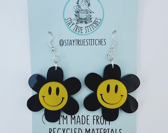 Flower smiley black acrylic laser cut hoop / ear wire earrings Y2K