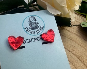 Valentines red heart stud earrings laser cut from recycled mirrored acrylic.