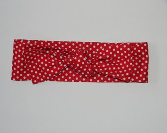 Red and White Polka dot print bow style tie up headband