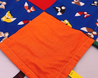 Fox print small baby taggy patchwork blanket with soft fleece, Unisex, sensory