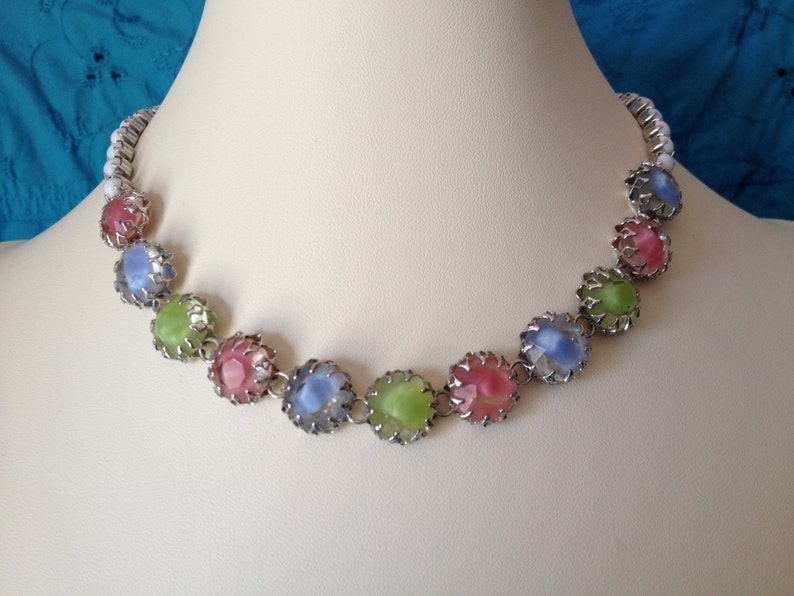 Milk Glass Rhinestone Setting Pastel Choker Necklace by Gale Under 50 Made of Pastel Givre Faceted Glass Cabochons Signed Vintage 1950s