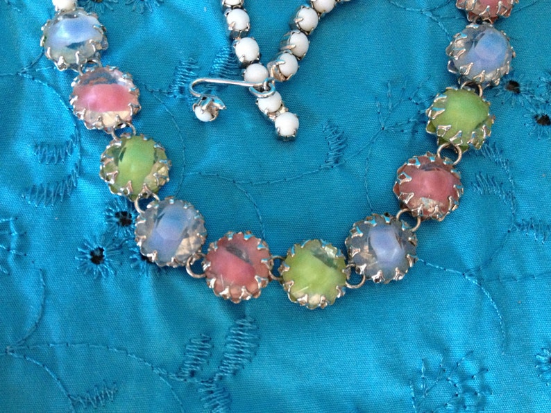 Milk Glass Rhinestone Setting Pastel Choker Necklace by Gale Under 50 Made of Pastel Givre Faceted Glass Cabochons Signed Vintage 1950s