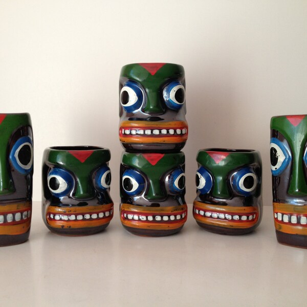 Tiki Mugs, Green, Thunderbird, Redware, 3D, Hand Painted Faces, Coffee Mug, Grog Mug, Handle, Party, Dining and Entertaining, Barware, 1940s