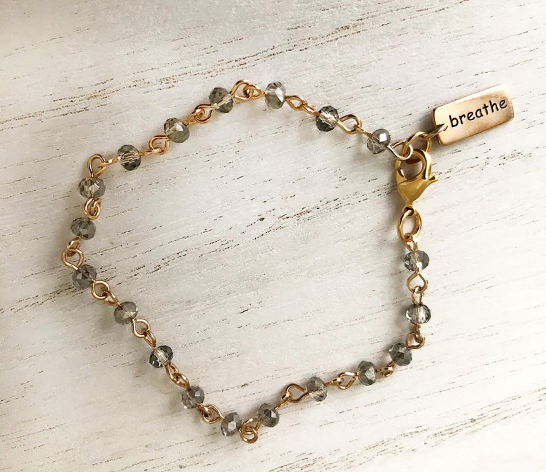 Just Breathe Gold Linked Rosary Bracelet with Smoky Gray Crystals