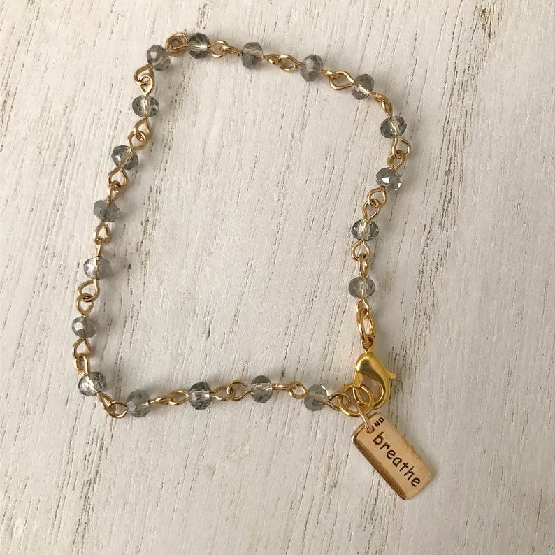 Just Breathe Gold Linked Rosary Bracelet with Smoky Gray Crystals