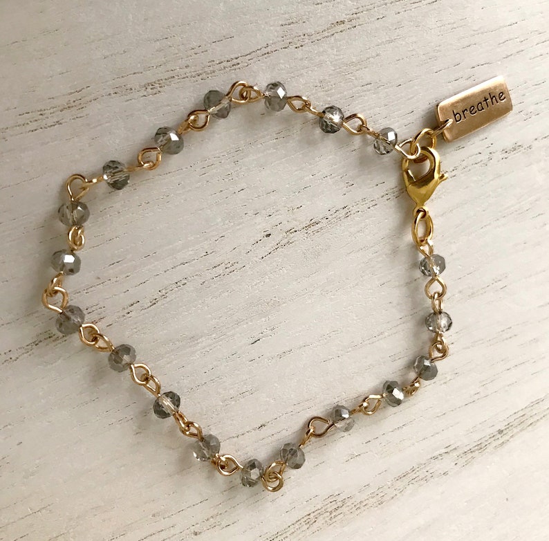 Just Breathe Gold Linked Rosary Bracelet with Smoky Gray Crystals