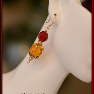 Red Yellow Glass Bead Earrings, Fall Colors, Dangle Earring, 14k Gold Fill Wire, Gift For Her, Chic Earrings, Casual Jewelry, Swarovski Bead