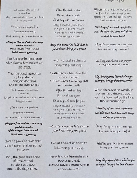 print your own Sympathy card sentiments