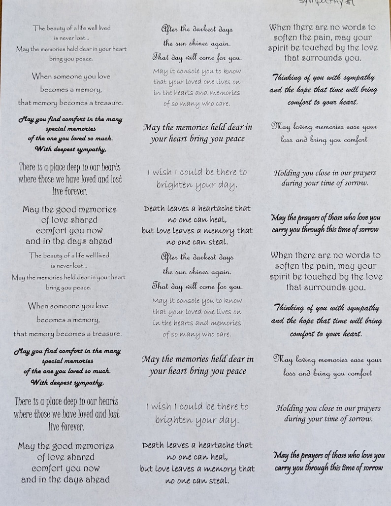 May include: A sympathy card with a light blue background and white text. The card features several messages of comfort and support for someone who is grieving. The text includes phrases like "May the memories held dear in your heart bring you peace" and "Thinking of you with sympathy and the hope that time will bring comfort to your heart."