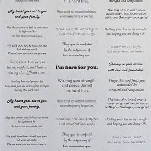 May include: A sympathy card with a grey background and black text. The card features a message of condolence and support for someone who has lost a loved one. The text includes phrases like "Sending love and prayers", "My heart goes out to you", "Wishing you strength and peace", "I'm here for you", and "Sharing in your sorrow".