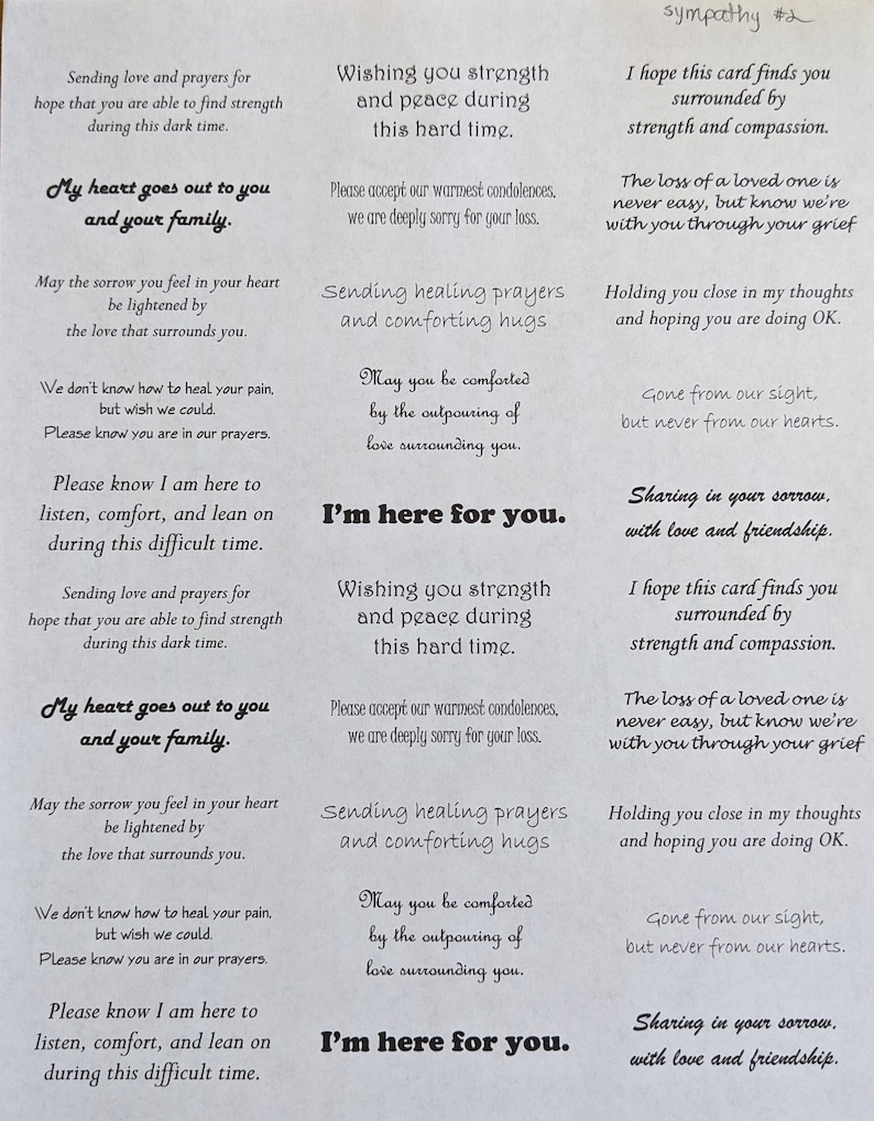May include: A sympathy card with a grey background and black text. The card features a message of condolence and support for someone who has lost a loved one. The text includes phrases like "Sending love and prayers", "My heart goes out to you", "Wishing you strength and peace", "I'm here for you", and "Sharing in your sorrow".