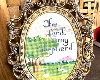 Beautifully Made 23Rd Psalm ‘The Lord in My Shepherd’ Vintage Needlepoint Sampler in Ornate Brass Frame