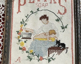 Vintage Handstitched Needpoint Cross-stitch Sampler Advertisement Pears Soap Framed -Beautiful