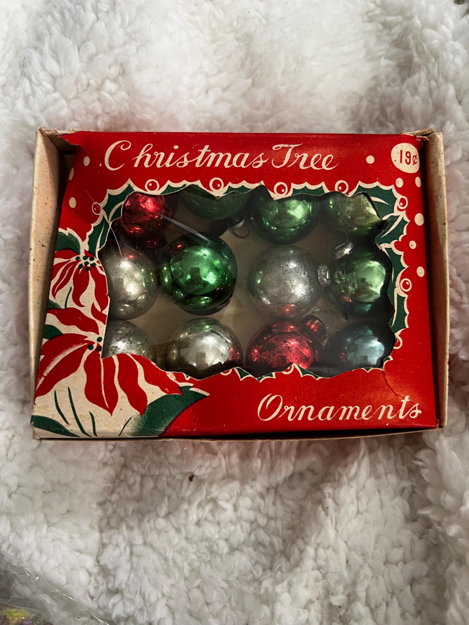 Vintage 1950s Mini Mercury Glass Feather Tree Christmas Ornaments Multicolored Set of 12 in Original Box!