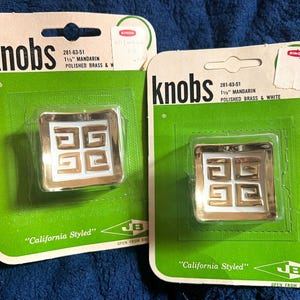 Wonderful Vintage NOS Mid Century RARE Polished Brass w/ White Enamel Mandarin Drawer Cupboard KNOBS Square- New Old Stock