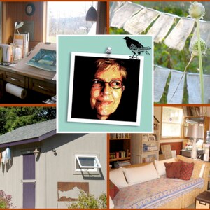 May include: A collage of images showing a woman's art studio, a small building with a purple door, and a woman's portrait. The studio is filled with art supplies and a large drafting table. The small building has a window and a sign that says "Shroom Queens". The woman in the portrait has short brown hair and is wearing glasses.