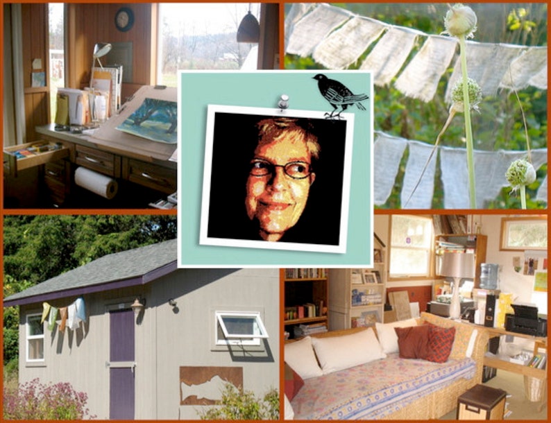 May include: A collage of images showing a woman's art studio, a small building with a purple door, and a woman's portrait. The studio is filled with art supplies and a large drafting table. The small building has a window and a sign that says "Shroom Queens". The woman in the portrait has short brown hair and is wearing glasses.