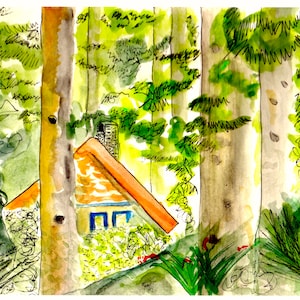 May include: A watercolor painting of a small cottage with a brown roof and blue windows, nestled in a green forest. The trees are tall and slender, with lush foliage. The cottage is surrounded by green bushes and plants.