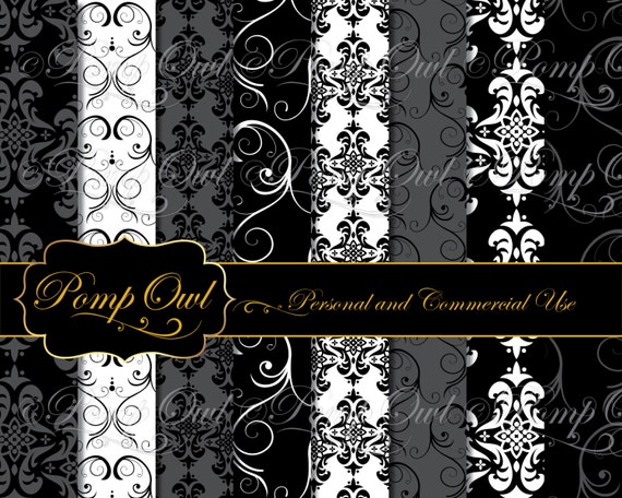 Digital Papers Damask Backgrounds Black White Grey Etsy