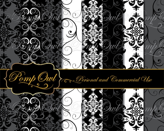 Digital Papers Damask Backgrounds Black White Grey Etsy